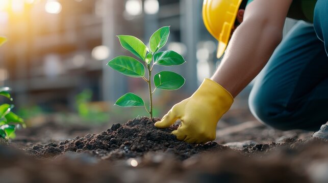 Worker in yellow gloves planting a young green sapling in fertile soil at a sunny nursery