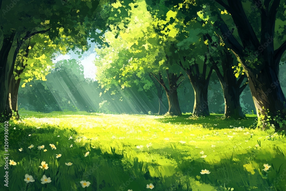 Poster vibrant rays of sunlight pierce through the dense canopy of a flourishing forest, creating an artwor