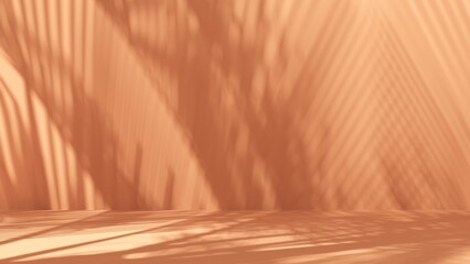Unobtrusive natural pastel background with shadows on the wall, exterior - 3d render. Botanical empty podium with shadows from plants, palms, trees for product presentation, advertising.