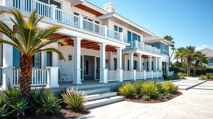 Fototapeta premium Luxury Waterfront Home: Coastal Mansion with Stunning Ocean Views. Resort-style living in a dream home with palm trees and beautiful landscaping.