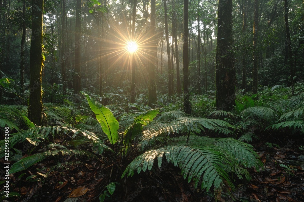 Poster the golden rays of the sun illuminate a dense forest, highlighting vivid green ferns and creating a 