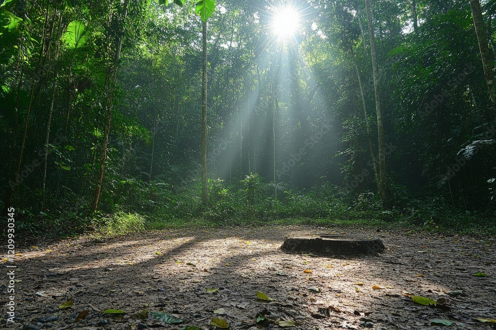Poster Bright sunlight streams through a tranquil forest, casting shadows on a bare forest floor and highlighting a solitary tree stump, creating a serene atmosphere.