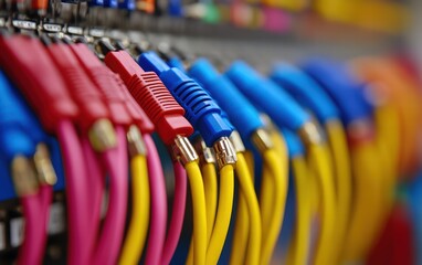 Fototapeta premium Vibrant audio cables plugged into a mixing board, a symphony of color and sound. Ready to mix!