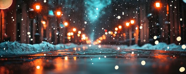 Fototapeta premium Christmas lights reflecting off a snowy street, creating a magical ambiance.