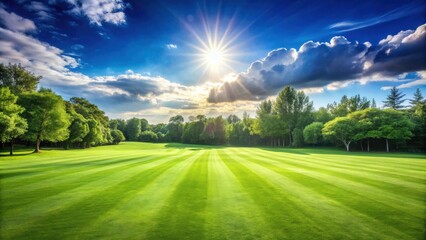 Naklejka premium Serene parkland landscape with vibrant green grass, lush trees, and a radiant sun shining through a partly cloudy sky