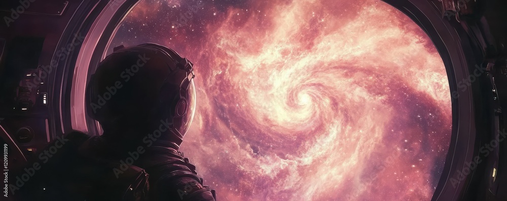 Wall mural a lone astronaut gazing at a swirling nebula from a spaceship window.