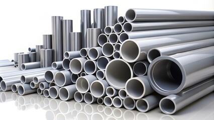 Fototapeta premium A large assortment of industrial metal pipes of various sizes and diameters, arranged in a visually appealing display