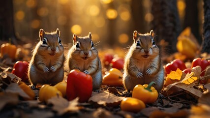Fototapeta premium Three chipmunks surrounded by colorful peppers and autumn leaves in a forest setting.