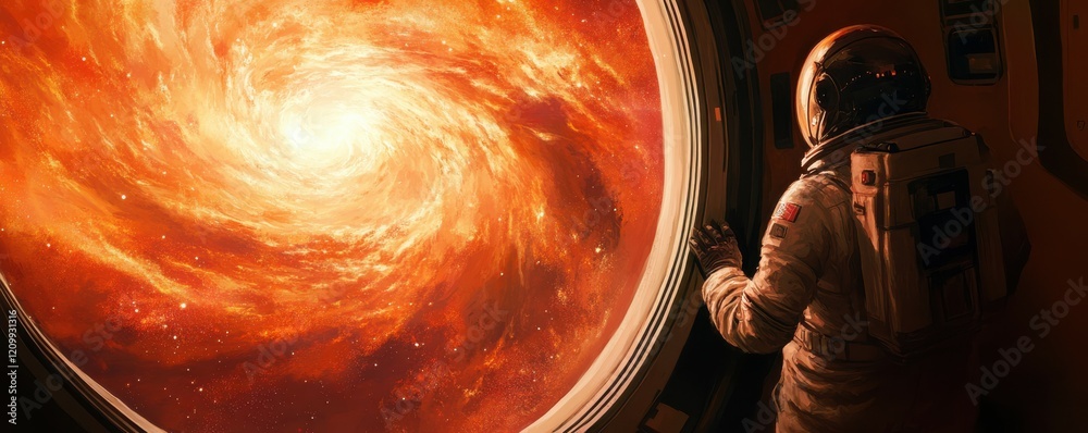 Wall mural a lone astronaut gazing at a swirling nebula from a spaceship window.