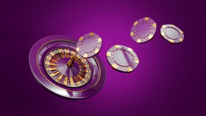 Casino chips, cubes, roulette, drum  on dark black background - 3d render. Flying chip for online casinos and mobile gambling applications, poker - winner, wealth concept.