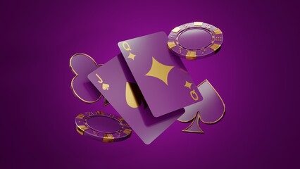 Casino chips, cubes, roulette, drum  on dark black background - 3d render. Flying chip for online casinos and mobile gambling applications, poker - winner, wealth concept.