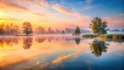 Obraz premium A misty morning scene with water reflecting the soft hues of sunrise over a tranquil lake, peaceful dawn, reflective surface, lake, color gradations