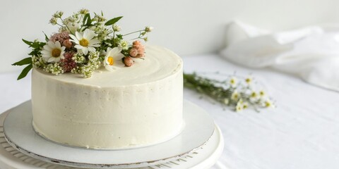 A minimalist white cake with a small posy of fresh flowers on top, earthy tones, cakes, flowers, vintage look