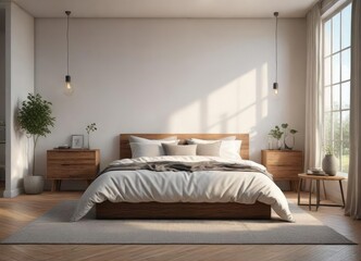 Fototapeta premium A minimalist bedroom setup with soft morning light and blurred background, simplicity, minimalism, soft light