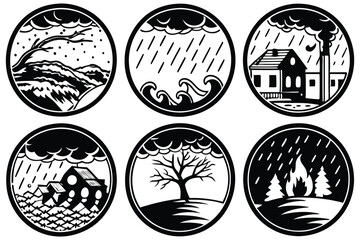 Hand-Drawn Disaster Illustration Set: Contour Sketches of Natural Calamities like Sandstorms, Droughts, and Heavy Rain