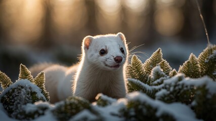 Obraz premium A white ferret in a snowy forest, illuminated by soft sunlight among ferns.