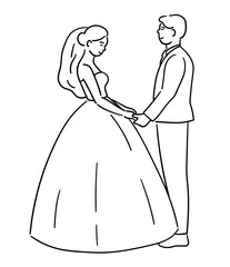 Fototapeta premium Bride and groom are holding hands, looking at each other with happiness, wedding couple