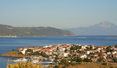 Panoramic view of city Ammoulliani, Greece In the distance mounting Athos