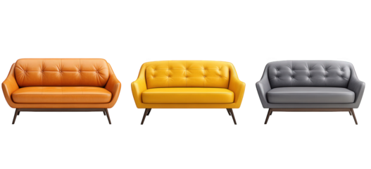 three stylish sofas in vibrant colors orange. yellow. and gray. each with tufted upholstery and wooden legs these modern furniture pieces are designed for comfort and aesthetic appeal. suitable for co