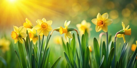 Golden daffodils bathed in sunlight, a vibrant springtime scene of blooming flowers in a lush green meadow