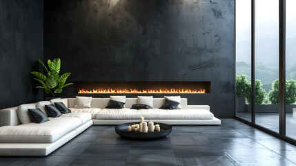 Art deco interior design of modern living room, home with fireplace and black wall