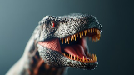 Raptor Close-Up: A detailed close-up of a fearsome Velociraptor head, showcasing its sharp teeth, intense red eyes, and textured skin against a moody, dark background.