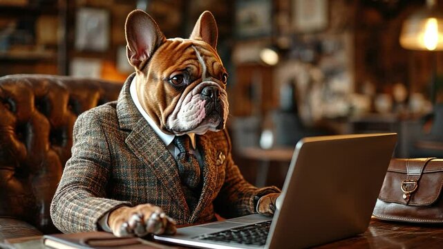 Business Bulldog: A dapper French Bulldog, dressed in a tweed suit and tie, sits attentively at a laptop, exuding professionalism and charm in a sophisticated setting.