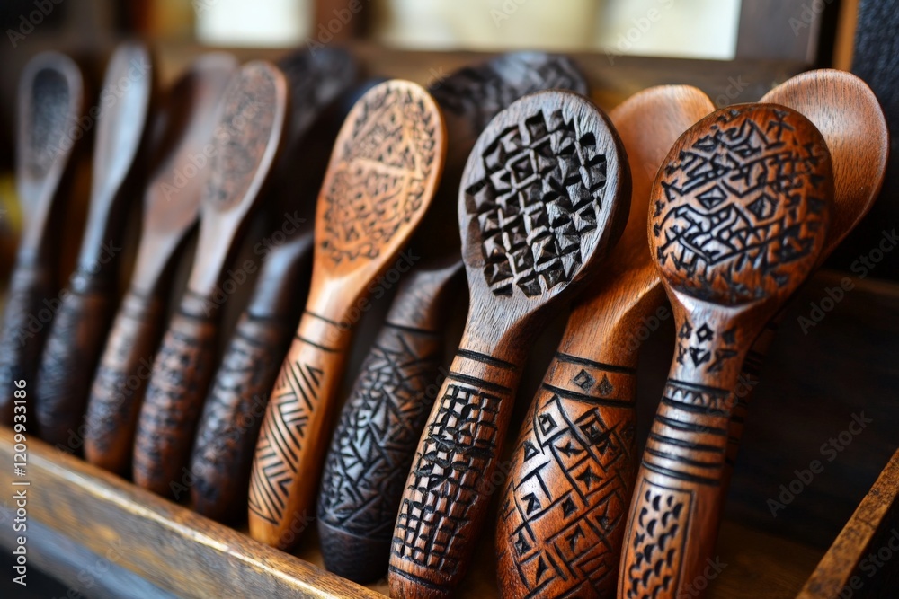 Poster a striking collection of wooden spoons adorned with geometric and tribal motifs, highlighting both a
