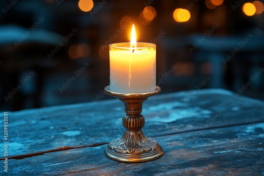 Poster An illuminated candle sits in an ornate metallic holder, surrounded by ambient blue lighting, creating an elegant and calming atmosphere perfect for reflection.