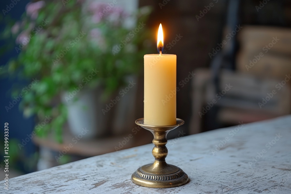 Aufkleber a simple, elegant candle placed in a minimalist holder on a weathered wooden table, softly illuminat