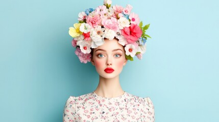 Floral Crown Beauty: A captivating portrait of a woman with stunning blue eyes and red lips, adorned with a vibrant floral crown.