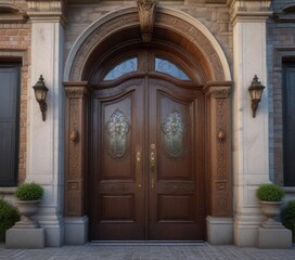 Fototapeta premium A large mansion with a key on the grand entrance door, adorned with intricate details, exterior, decorative