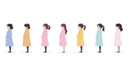 Seven Girls in Pastel Coats: A Row of Stylish Female Figures