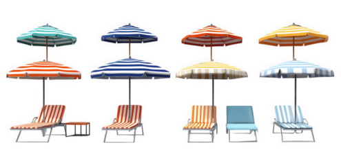 row of colorful beach umbrellas paired with lounge chairs. set against a plain white background. evoking a relaxing summer atmosphere ideal for leisure and outdoor enjoyment