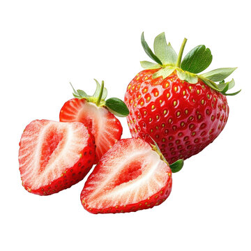 a fresh. vibrant strawberry with two halves displayed beside it. highlighting its juicy red flesh and green leaves this visually appealing presentation emphasizes the fruit's freshness and natural bea