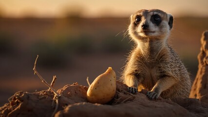 Fototapeta premium A meerkat curiously gazes at a small object in a desert landscape during sunset.