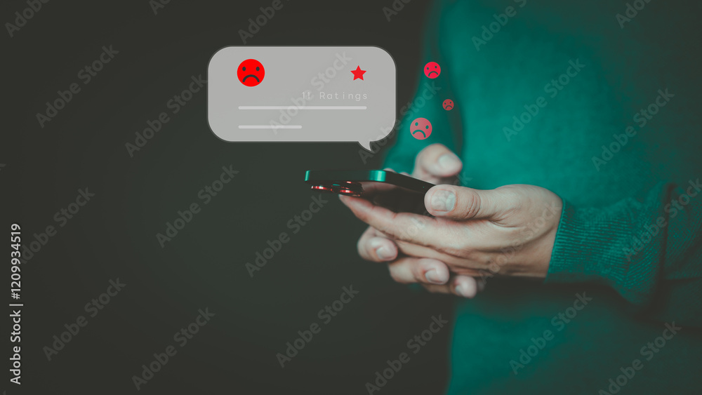 Poster customer reviews and feedback online with rate 1 star on virtual screen. assessment testimonial revi