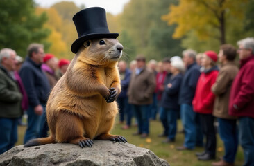 Top hat wearing groundhog stands on a rock in front of a crowd of people, people look at the groundhog