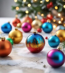 A collection of colorful Christmas ornaments scattered on a snowy table , wooden tree topper, holly and ivy