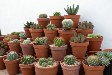 Fototapeta premium A collection of brown pots each containing a different type of succulent or cactus arranged in a random and eclectic pattern, tropical plants, indoor plants, low growing plants, bohemian style