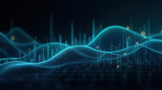 Dynamic Financial Data Display with Line Graphs, Bar Charts, and Glowing Grid, Blue and Turquoise Digital Visualization for Analytics and Markets
