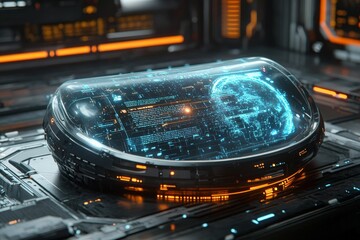 A cutting-edge device featuring a holographic display of global data with futuristic digital components and neon lighting in a high-tech setting.
