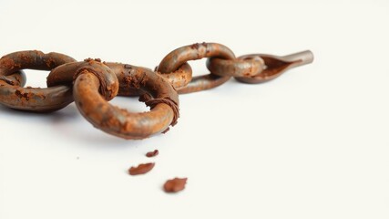 Obraz premium A close-up of a rusty broken iron chain lying on a plain background with intricate details of rust and metal, rusted metal fragments, corrosion patterns, industrial waste