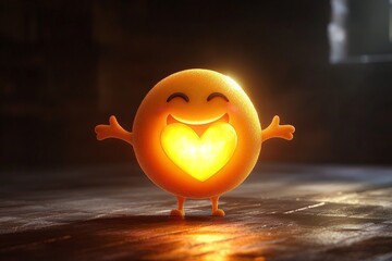 A cheerful emoji with a bright, glowing heart and open arms, symbolizing warmth and positivity. Its warm glow and playful expression capture joy and love.
