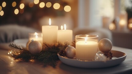 Close-up of festive holiday table setting with candles and ornaments, soft warm light, peaceful and inviting, highly detailed, calm and natural, warm and vibrant, tranquil and beautiful atmosphere