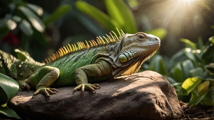 Fototapeta premium A green iguana resting on a rock amidst lush foliage, illuminated by sunlight.