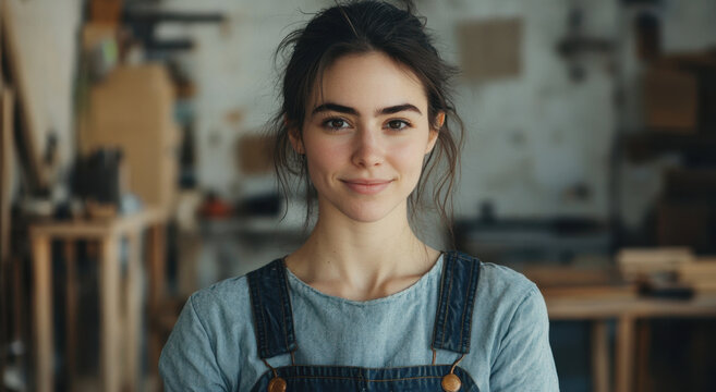 A young woman with a warm smile stands in a rustic workshop, wearing a denim outfit.