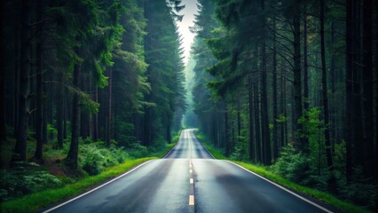 Obraz premium Serene asphalt road winding through a dense, mystical evergreen forest