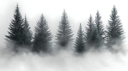 Obraz premium Misty Pines: Silhouettes of tall pine trees emerge from a thick fog, creating a dramatic and serene winter landscape. The misty atmosphere adds an air of mystery and tranquility.