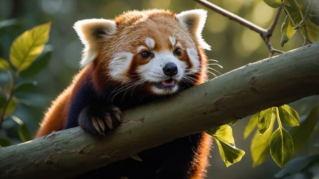 A red panda resting on a branch amidst lush greenery, showcasing its playful demeanor.